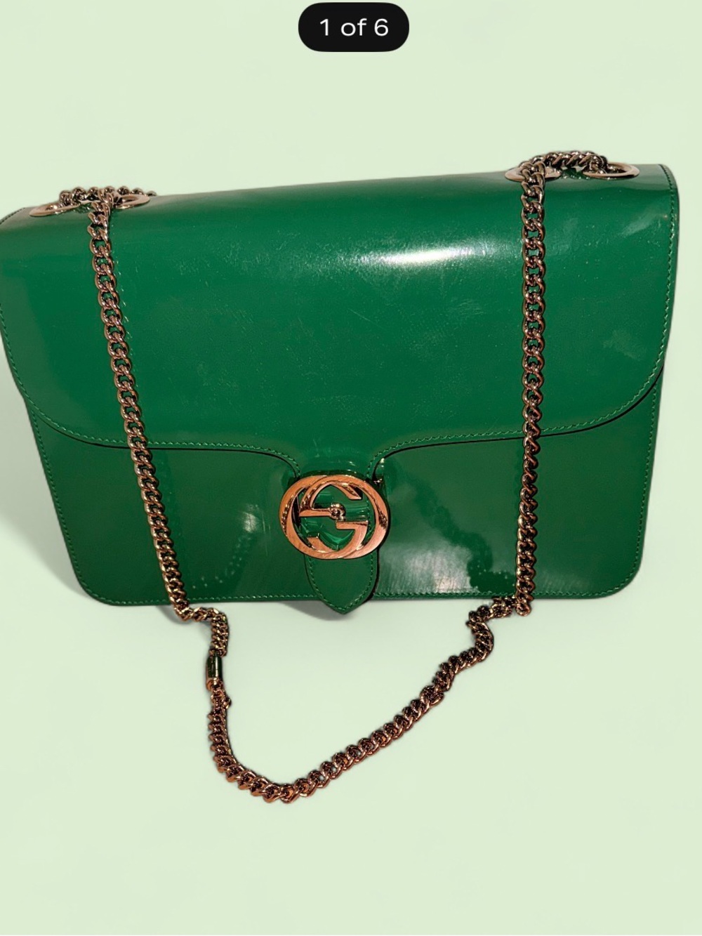 💚 Gucci Interlocking G Shoulder Bag Emerald Green Polished Leather Chain Strap